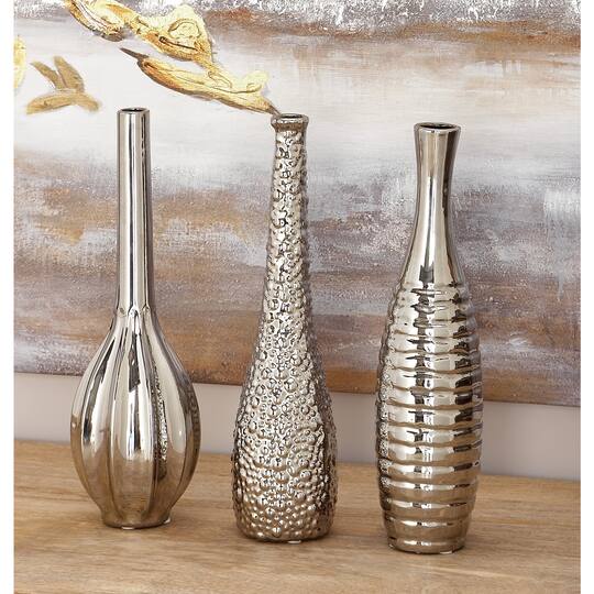 13" Silver Ceramic Glam Vase Set